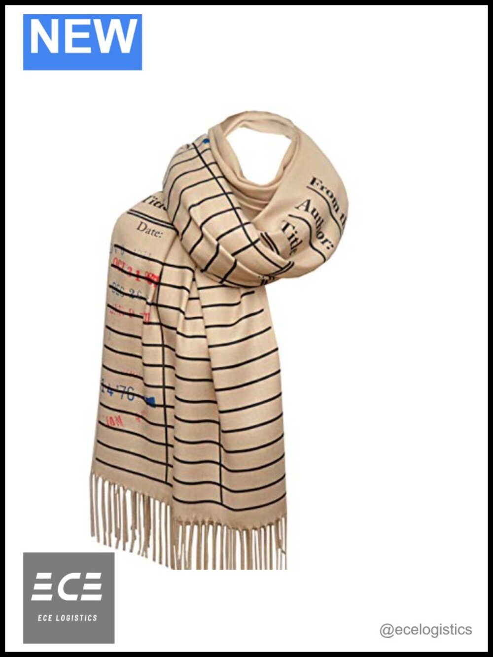 Library Card Scarf Acrylic Blend Date Due Print 72x26